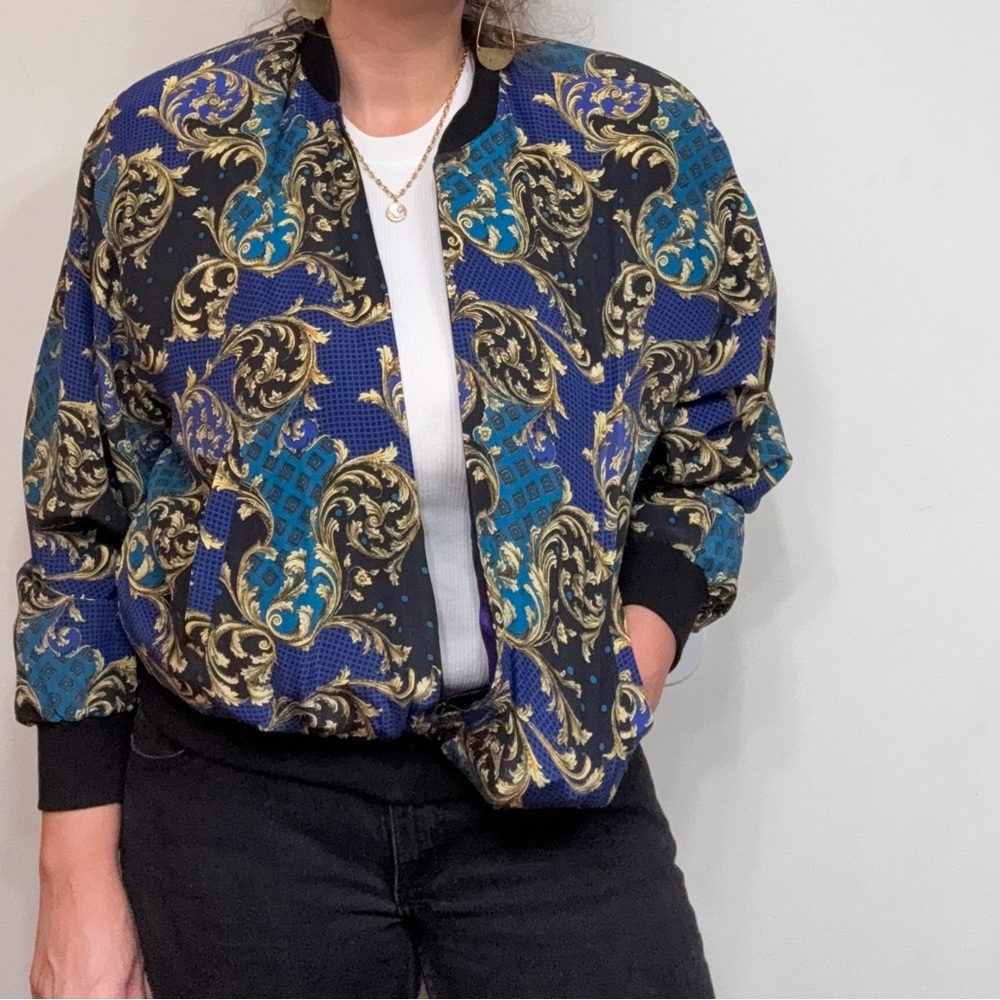 S. L. B. By Sunny Leigh 90s Blue and Gold Paisley *silk* Bomber Jacket